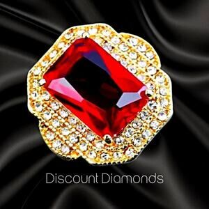 Radiant Cut Ruby & White Baguette Diamond Cocktail Ring 18K Gold on 925 Silver